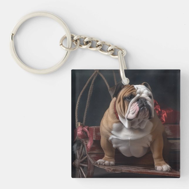 Bulldog Snowy Sleigh Christmas Decor Keychain (Front)