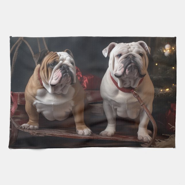 Bulldog Snowy Sleigh Christmas Decor Kitchen Towel (Horizontal)