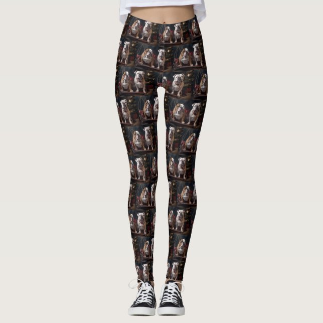 Bulldog Snowy Sleigh Christmas Decor Leggings (Front)