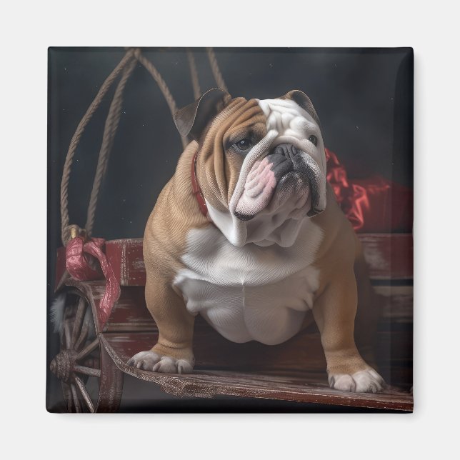 Bulldog Snowy Sleigh Christmas Decor Magnet (Front)