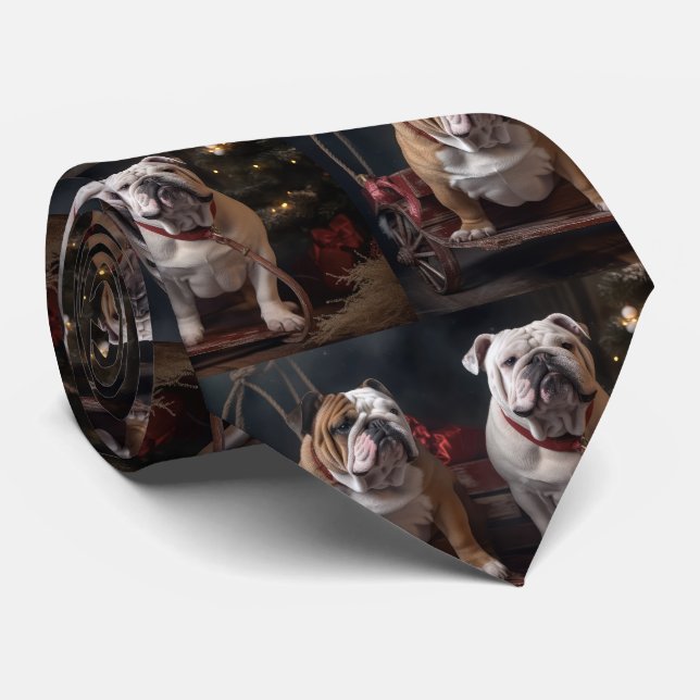 Bulldog Snowy Sleigh Christmas Decor Neck Tie (Rolled)