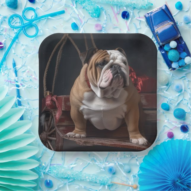 Bulldog Snowy Sleigh Christmas Decor Paper Plates (Party)