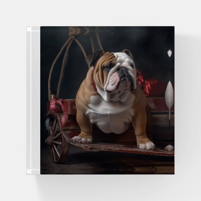 Bulldog Snowy Sleigh Christmas Decor Paperweight (Front)