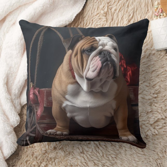 Bulldog Snowy Sleigh Christmas Decor Throw Pillow (Blanket)