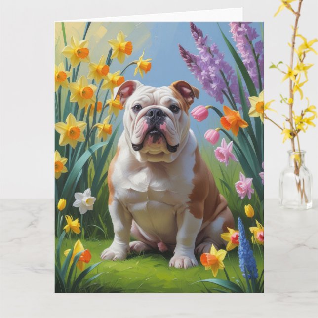 Bulldog Spring Flowers Painting Card (Yellow Flower)
