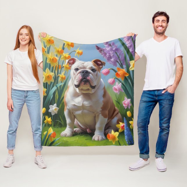 Bulldog Spring Flowers Painting Fleece Blanket (In Situ)