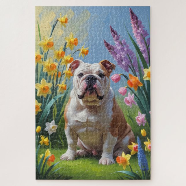 Bulldog Spring Flowers Painting Jigsaw Puzzle (Vertical)