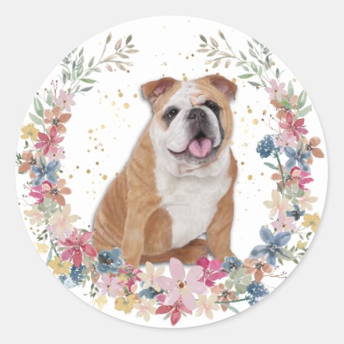 Bulldog Spring Flowers Wreath Classic Round Sticker