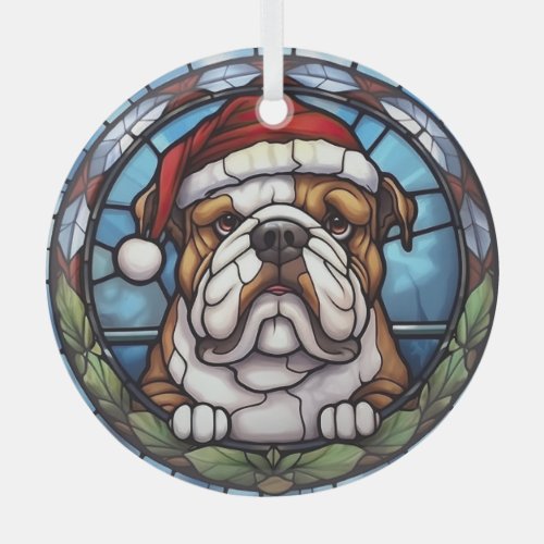 Bulldog Stained Glass Christmas  Glass Ornament