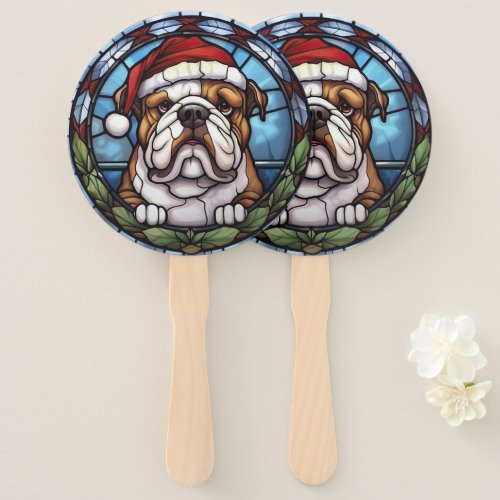 Bulldog Stained Glass Christmas  Hand Fan