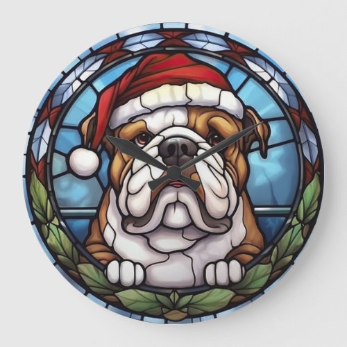 Bulldog Stained Glass Christmas  Large Clock