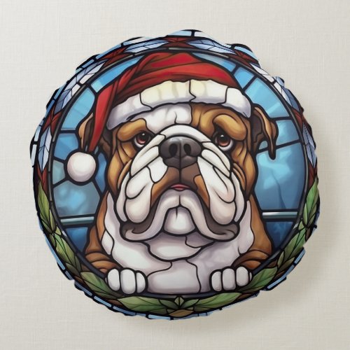 Bulldog Stained Glass Christmas  Round Pillow
