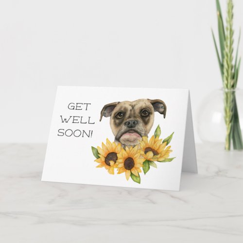 Bulldog Sunflowers Watercolor   Get Well Soon Card