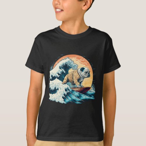 Bulldog Surfing On The Great Wave Of Kanagawa  T_Shirt