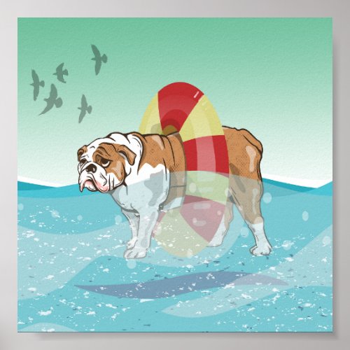 Bulldog Swimming in the ocean Poster