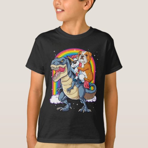 Bulldog Unicorn Riding Dinosaur T Rex Gifts Girls  T_Shirt