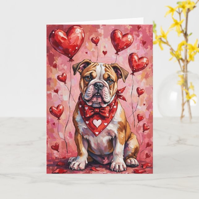 Bulldog Valentine’s Day Dog with Hearts Red Card (Yellow Flower)