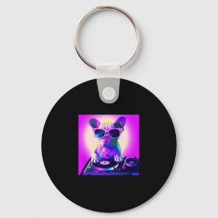 Bulldog Vaporwave Dj Dog Aesthetic Women Girls Keychain