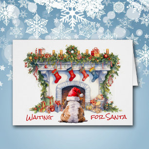 Bulldog Waiting for Santa Christmas Fireplace Cards