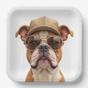 Bulldog Wearing a Cap and Sunglasses Paper Plates