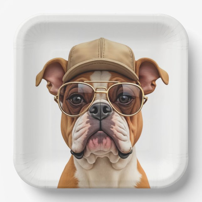 Bulldog Wearing a Cap and Sunglasses Paper Plates (Front)