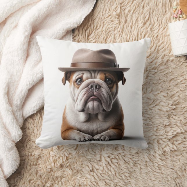 Bulldog Wearing a Fedora Throw Pillow (Blanket)