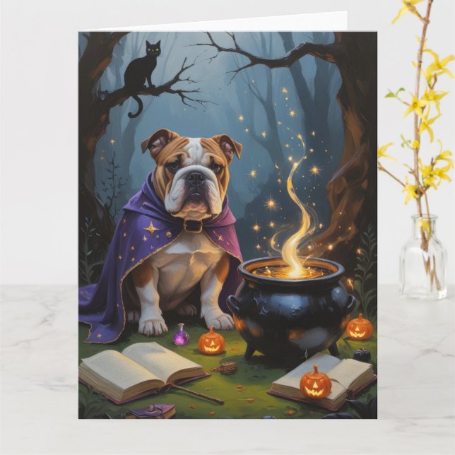 Bulldog Whimsical Halloween Painting Card (Yellow Flower)