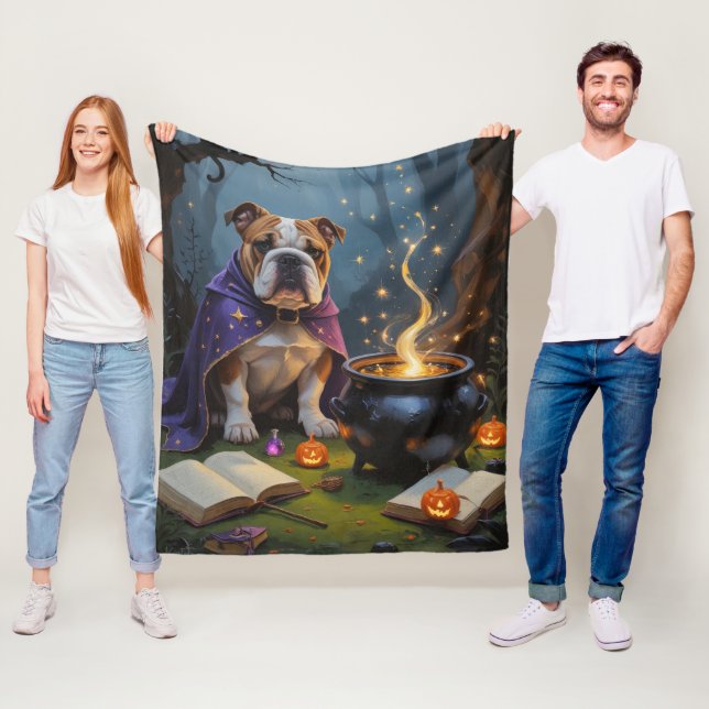 Bulldog Whimsical Halloween Painting Fleece Blanket (In Situ)