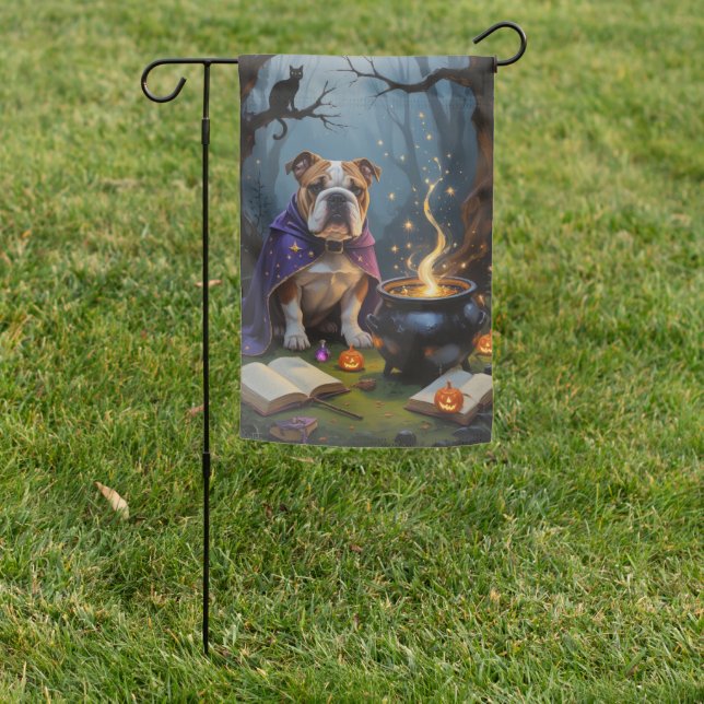 Bulldog Whimsical Halloween Painting Garden Flag (In SItu)