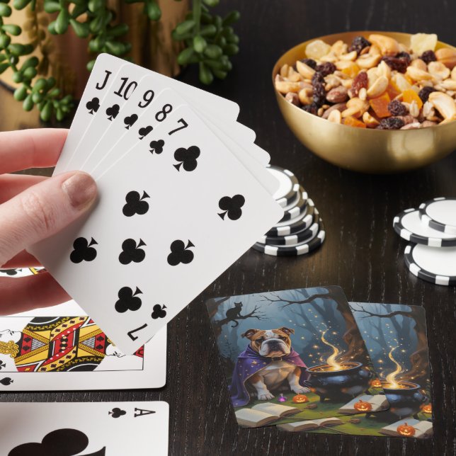 Bulldog Whimsical Halloween Painting Poker Cards (In Situ)