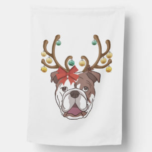 Bulldog With Antlers For Christmas House Flag
