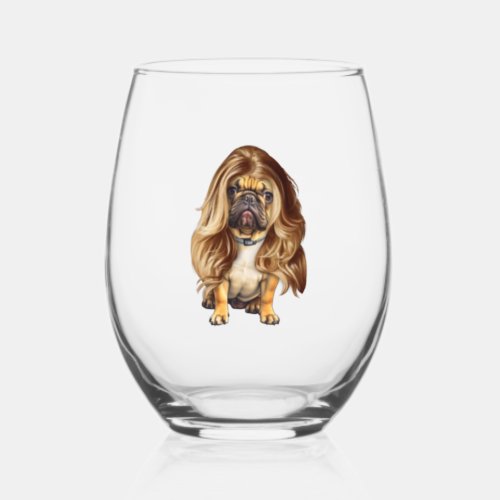 Bulldog with beautiful hair     stemless wine glass