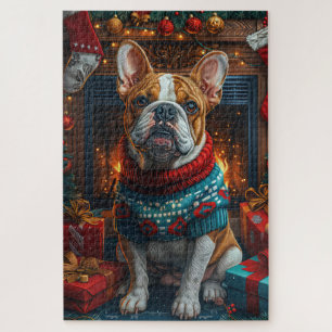 Bulldog with Christmas Gifts Fireplace Jigsaw Puzzle