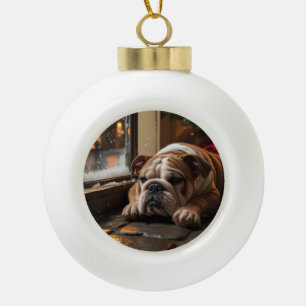 Bulldog with Christmas Lights Holiday Ceramic Ball Christmas Ornament
