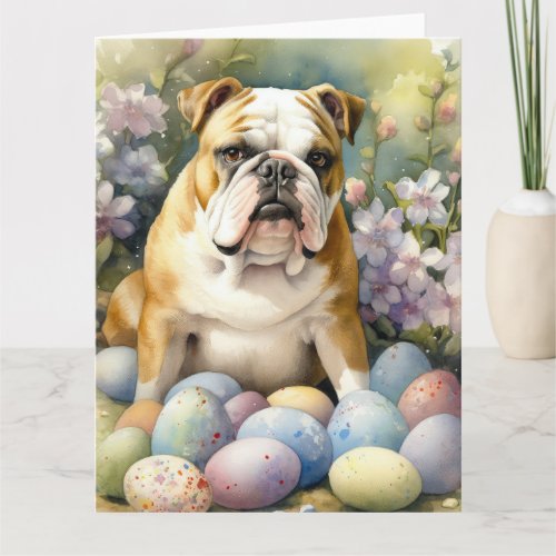 Bulldog with Easter Eggs Holiday Card