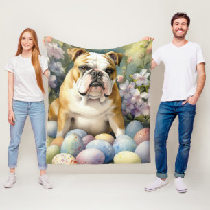 Bulldog with Easter Eggs Holiday Fleece Blanket
