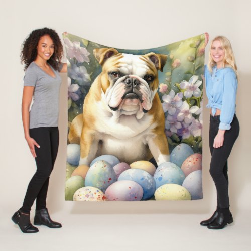 Bulldog with Easter Eggs Holiday Fleece Blanket