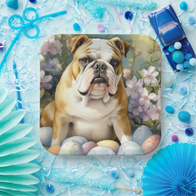 Bulldog with Easter Eggs Holiday Paper Plates (Party)