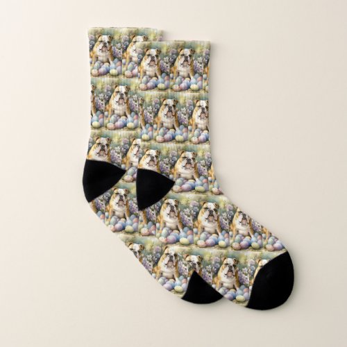 Bulldog with Easter Eggs Holiday Socks