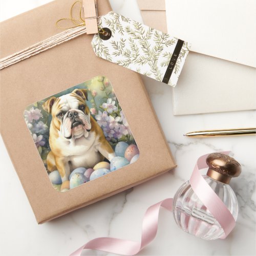 Bulldog with Easter Eggs Holiday Square Sticker