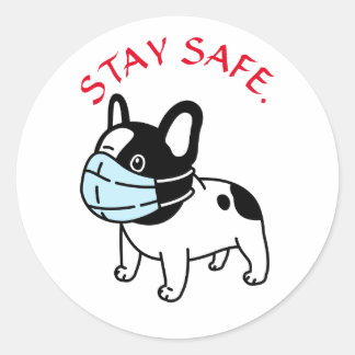BULLDOG WITH FACE MASK BE SAFE ROUND STICKERS