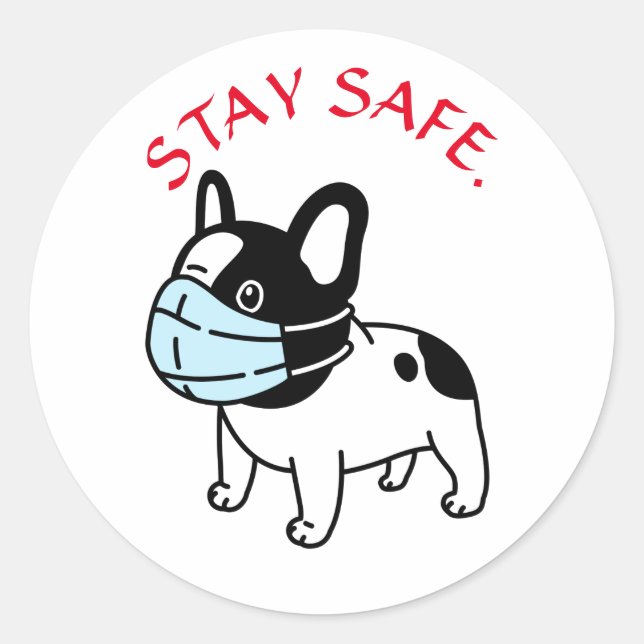 BULLDOG WITH FACE MASK BE SAFE ROUND STICKERS (Front)