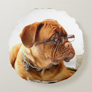 Bulldog with glasses round pillow