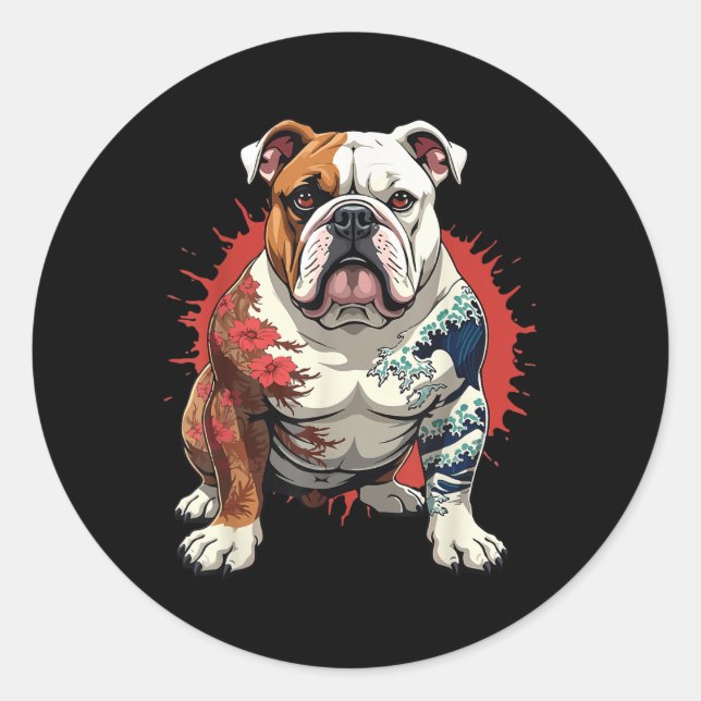 Bulldog With Japanese Tattoos Dog  Classic Round Sticker (Front)