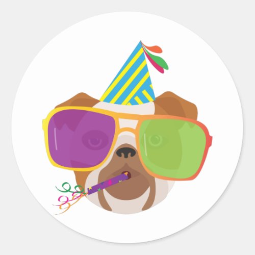Bulldog With Party hat and Sunglasses Classic Round Sticker