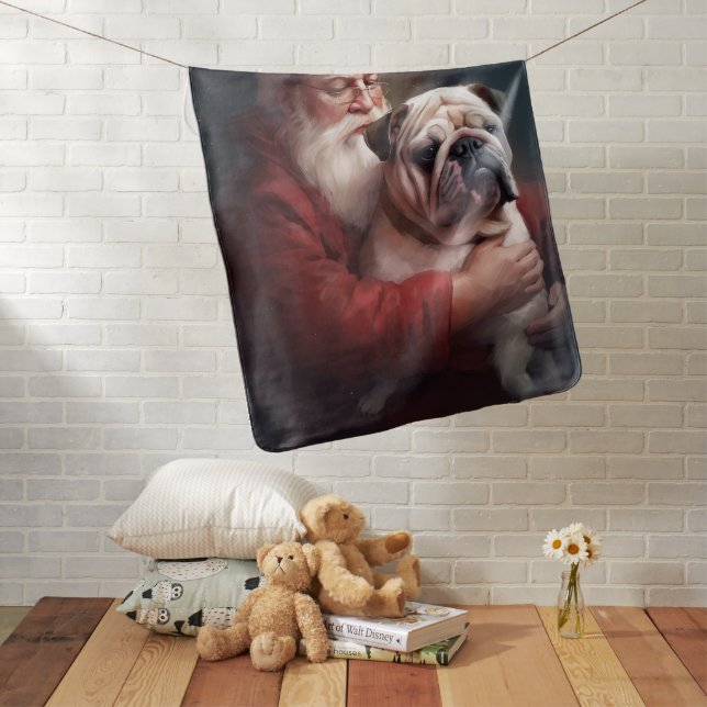 Bulldog With Santa Claus Festive Christmas  Baby Blanket (In Situ)