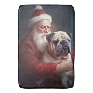 Bulldog With Santa Claus Festive Christmas Bath Mat