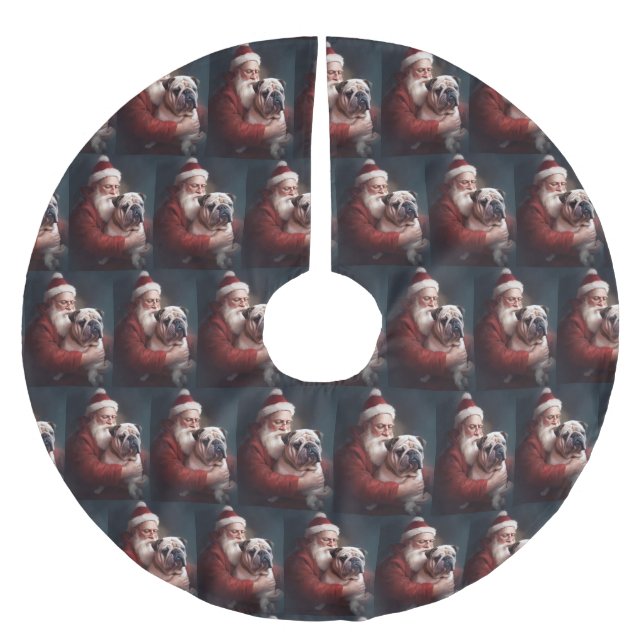Bulldog With Santa Claus Festive Christmas  Brushed Polyester Tree Skirt (Front)