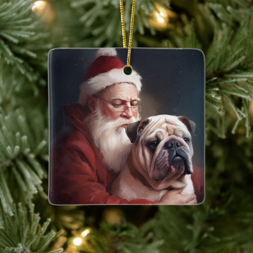 Bulldog With Santa Claus Festive Christmas  Ceramic Ornament