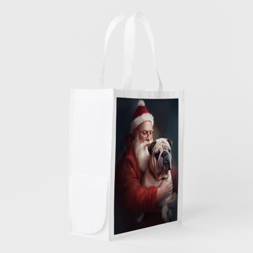 Bulldog With Santa Claus Festive Christmas  Grocery Bag